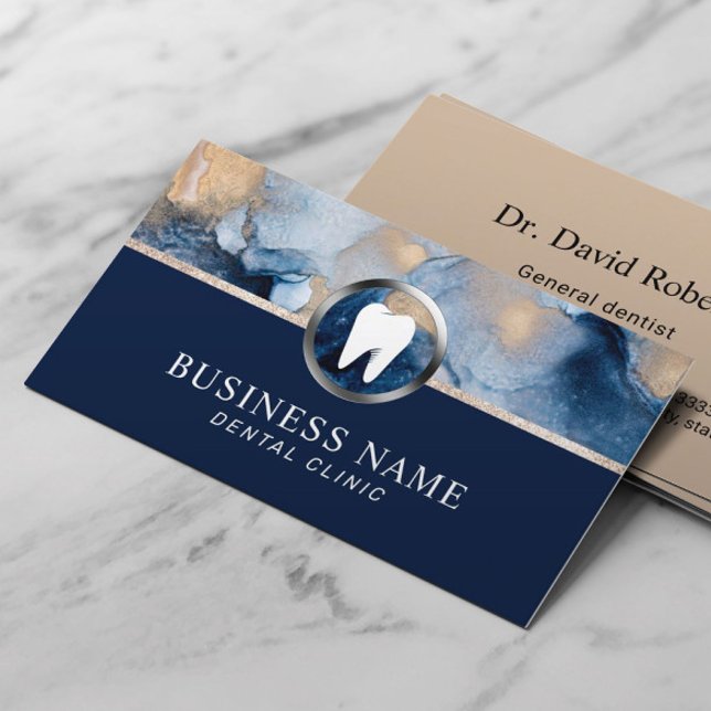 Dentist Modern Navy Blue & Gold Dental Office Business Card (Creator Uploaded)