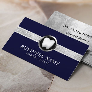 Dentist Modern Navy Blue & Silver Dental Office Business Card