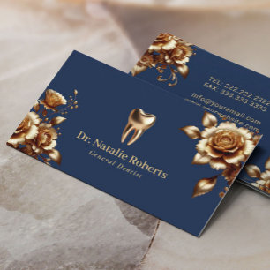 Dentist Modern Navy & Gold Floral Dental Office Business Card