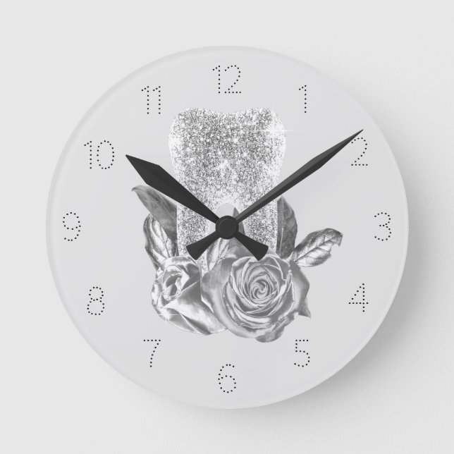 Dentist Modern Silver Tooth & Flowers Dental Round Clock (Front)