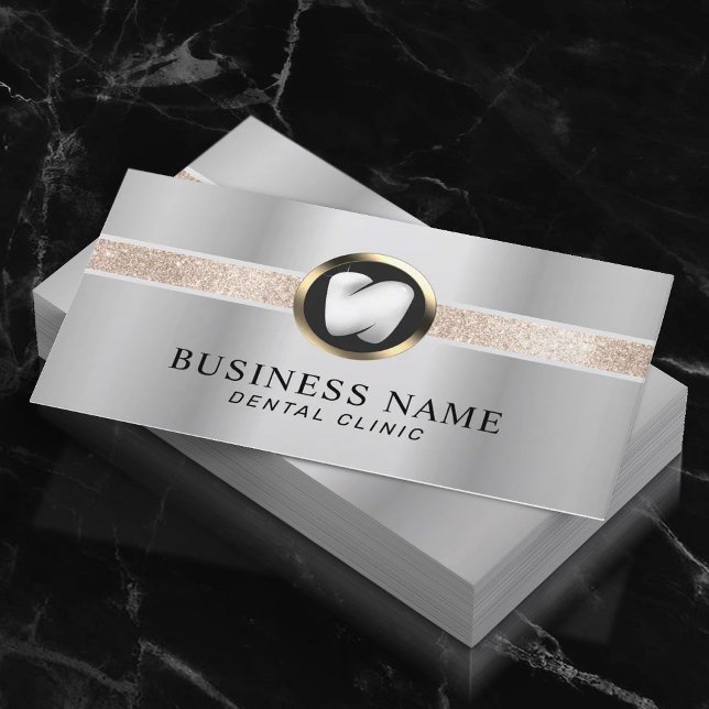 Dentist Modern Tooth Logo Silver Dental Office Business Card (Creator Uploaded)