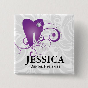Dentist Name Tag Diamond Tooth Leaves Purple 15 Cm Square Badge