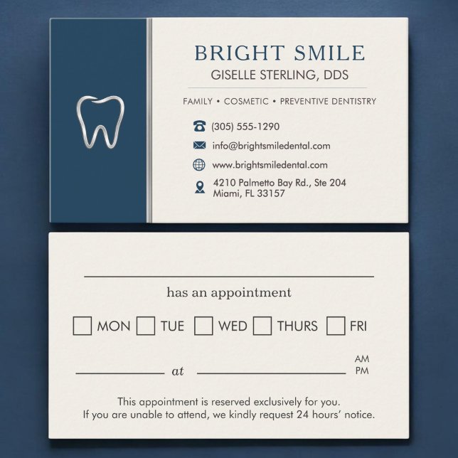 Dentist Navy Blue Metallic Tooth Appointment Card (Creator Uploaded)