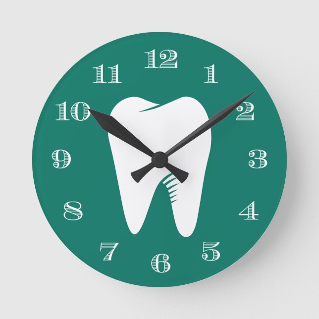 Dentist Office Dental Care White Tooth Teal Green Round Clock (Front)