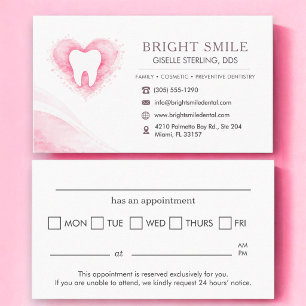 Dentist Pink Heart Watercolor Tooth Appointment Business Card