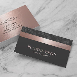 Dentist Rose Gold Stripe Grey Floral Dental Care Business Card