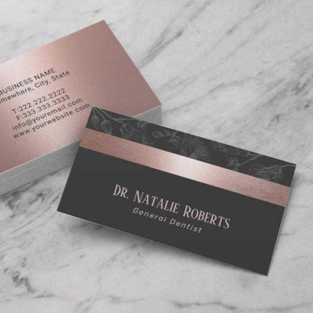 Dentist Rose Gold Stripe Grey Floral Dental Care Business Card (Creator Uploaded)