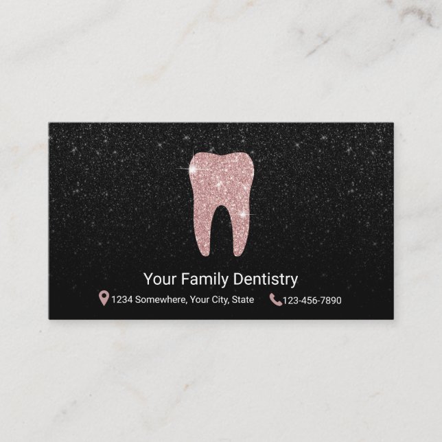 Dentist Rose Gold Tooth Black Glitter Dental Care Appointment Card (Front)
