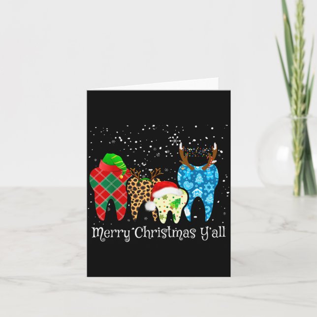 Dentist Teeth Santa Hat Leopard Plaid Dental Merry Card (Front)