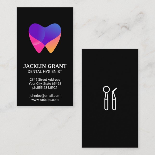 Dentist Tools | Modern Colourful Tooth Icon Business Card (Front/Back)