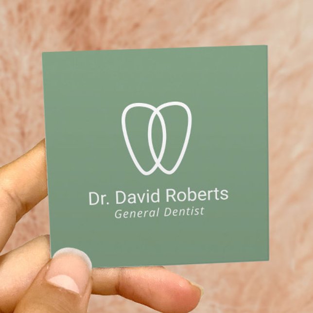 Dentist Tooth Logo Minimalist Green Dental Care Square Business Card (Creator Uploaded)