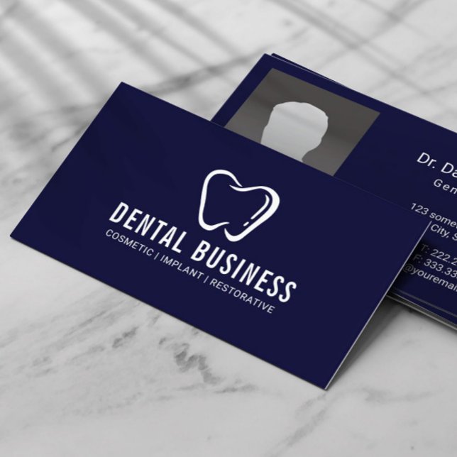 Dentist Tooth Logo Navy Blue Dental Care Photo Business Card (Creator Uploaded)