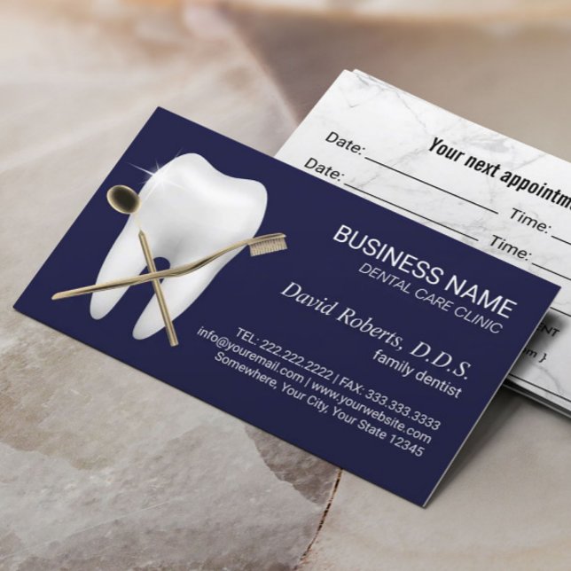 Dentist Tooth Logo Navy Blue Dental Office Appointment Card (Creator Uploaded)