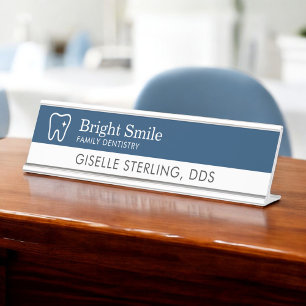 Dentist Tooth Logo Navy Blue Modern Office Desk Name Plate