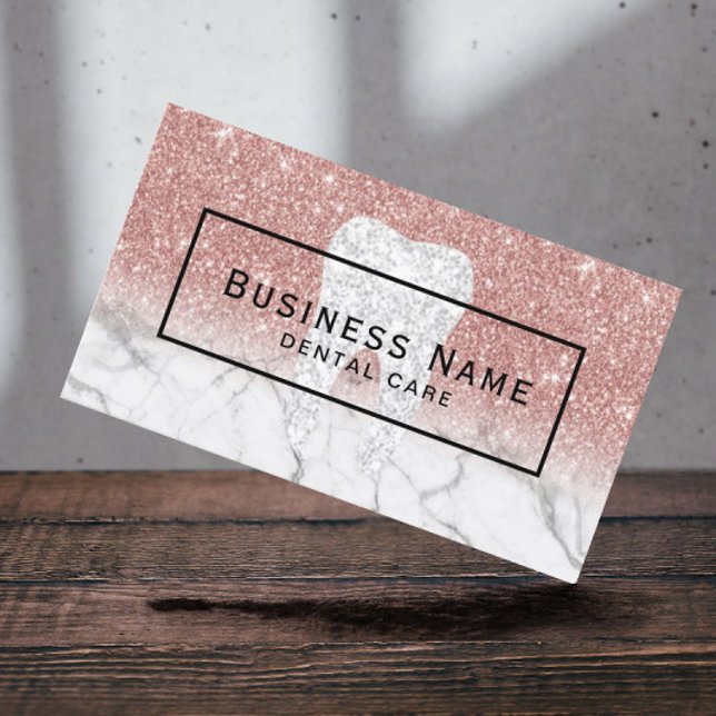 Dentist Tooth Rose Gold Glitter Marble Dental Care Business Card (Creator Uploaded)