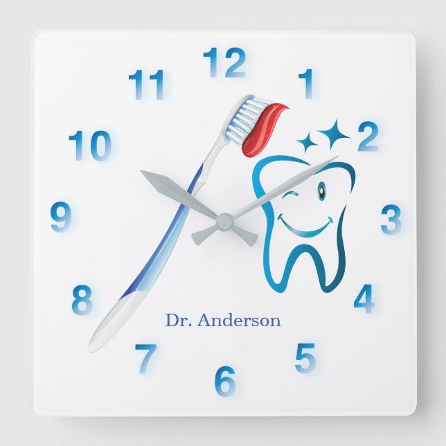 Dentist Toothbrush 🦷 Stylish blue Dental Fun Square Wall Clock (Front)