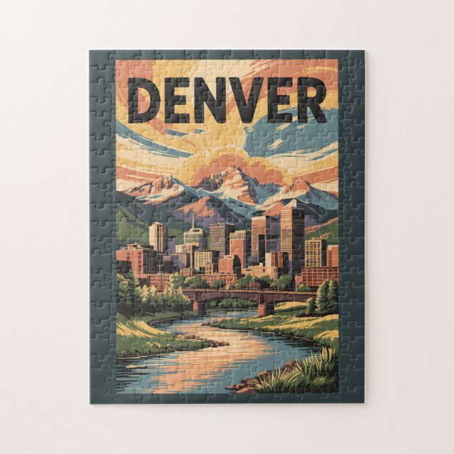 Denver Colorado Illustration Sunset Travel Art Jigsaw Puzzle (Vertical)