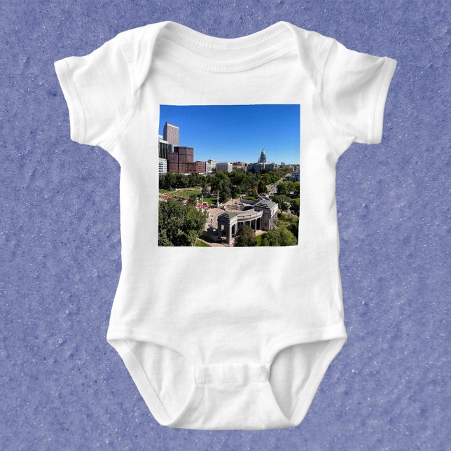 Denver Colorado Landscape Capitol Building Photo Baby Bodysuit (A baby bodysuit with a photograph of downtown Denver, Colorado on a sunny day.)