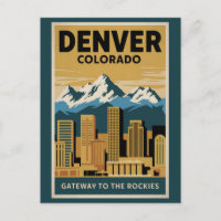 Denver Colorado Skyline Travel Art Vintage