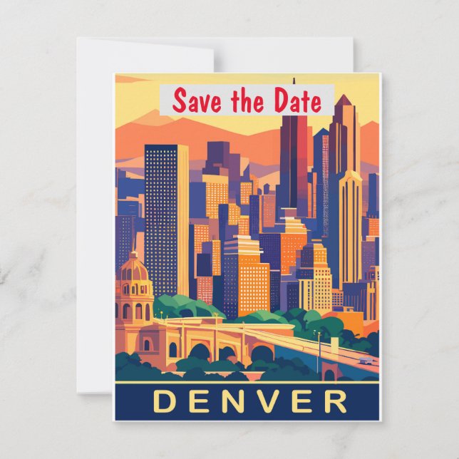 Denver Skyline Blue Vintage Wedding Invitation (Front)