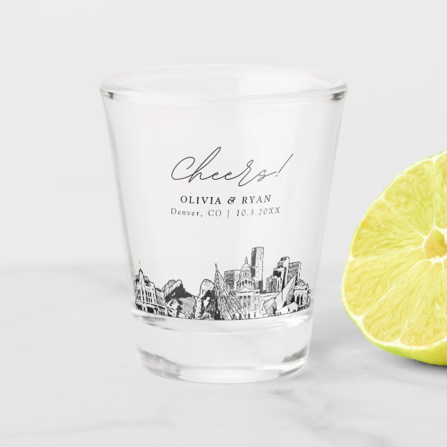 Denver Wedding Favour Personalised Cheers Shot Glass (Front)