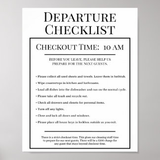 Departure Checklist Vacation Rental Airbnb Card Poster