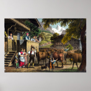 Departure for the Alps - Traditional Swiss Scene Poster