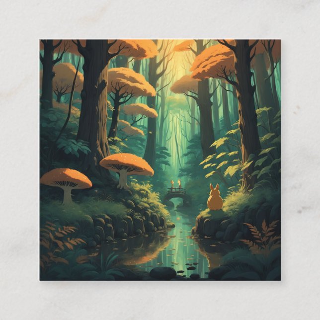 Depict a tranquil and enchanting forest illuminate square business card (Front)