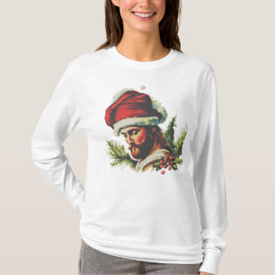 Depiction of Jesus with embroidered Santa Hat T-Shirt