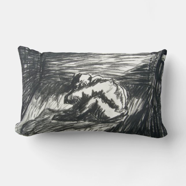 Depression Alone in a Dark Room charcoal drawing Lumbar Cushion (Front)