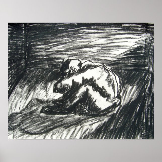 Depression Alone in Dark Room Charcoal Art Drawing Poster (Front)