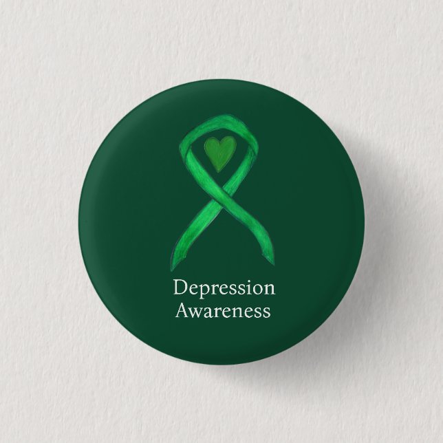 Depression Awareness Ribbon Green Heart Pin Button (Front)