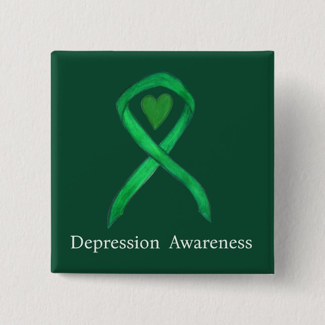 Depression Awareness Ribbon Green Heart Pin Button (Front)