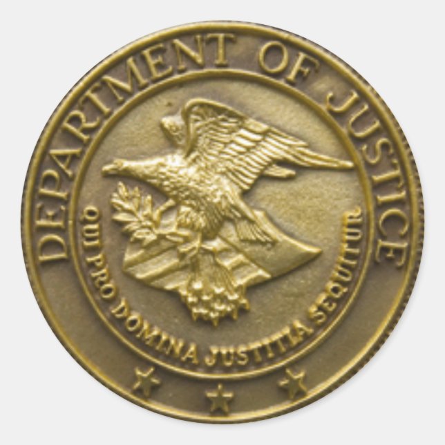 DEPT OF JUSTICE GOLD BADGE CLASSIC ROUND STICKER (Front)