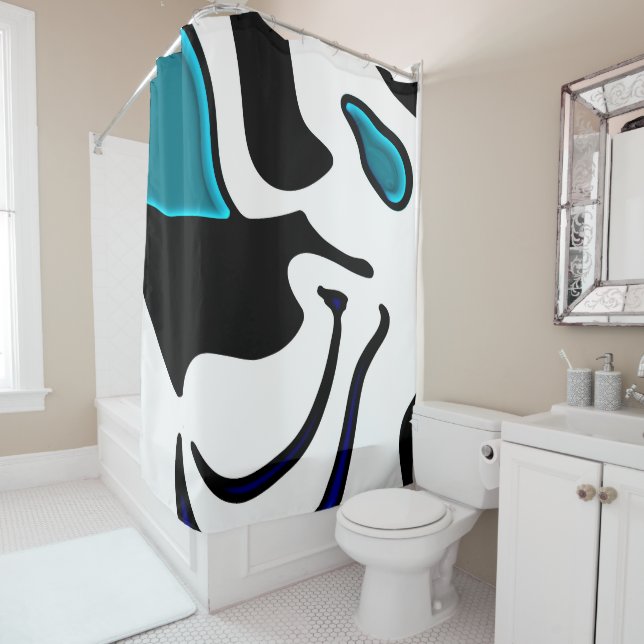 Depth Charge: Abstract Black, White & Blue Shower Curtain (In Situ)