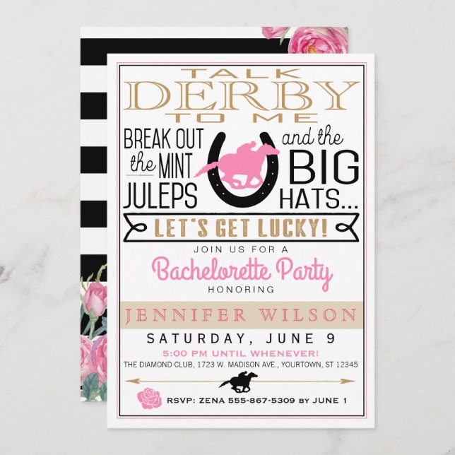 Derby Bachelorette Party Black/Gold/Pink Roses Invitation (Front/Back)