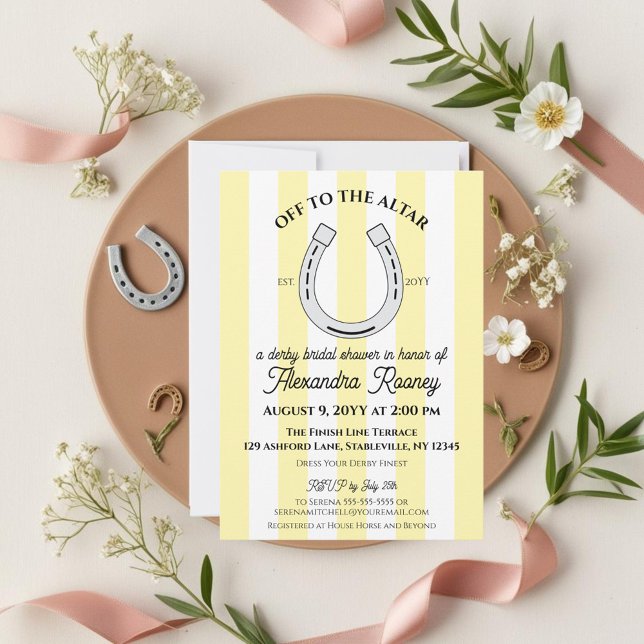 Derby Bridal Shower Yellow Cabana Stripe Horseshoe Invitation (Off to the altar derby wedding shower invitation with butter yellow cabana stripes.)