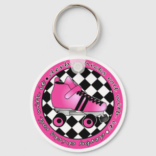 Derby Chicks Roll With It - Hot Pink Black White Key Ring