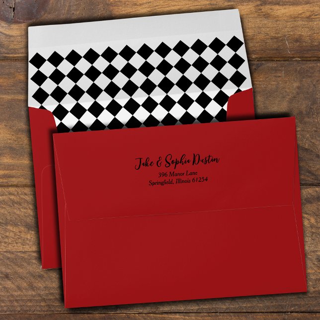 Derby Day Diamond Check Pattern Red Envelope (Derby day black and white diamond check lined red envelopes with FREE return address on back flap)