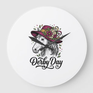 Derby Day Floral Horse Hat Vintage Engraving Desig Large Clock