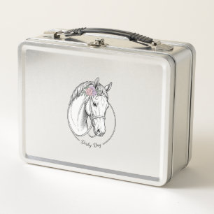 Derby Day Vintage Engraved Horse Flower Design Metal Lunch Box