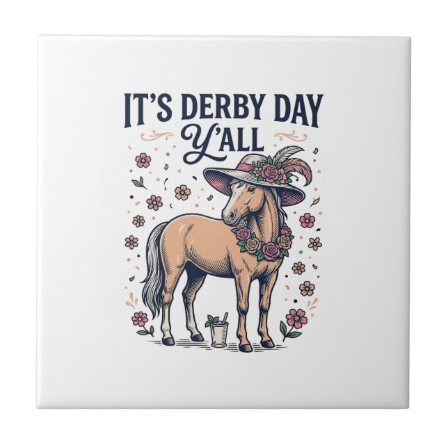 Derby Day Y’all Horse Floral Hat Ceramic Tile (Front)