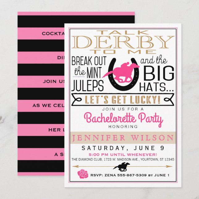 Derby Girly/Bachelorette Party Pink/Black/Gold Invitation (Front/Back)