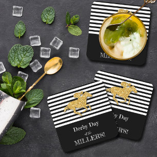 Derby Gold Racehorse and Jockey on Black Stripes Coaster