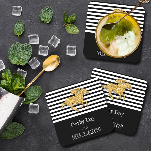 Derby Gold Racehorse and Jockey on Black Stripes Coaster (Derby gold racehorse and jockey on black and white stripes beverage coasters)