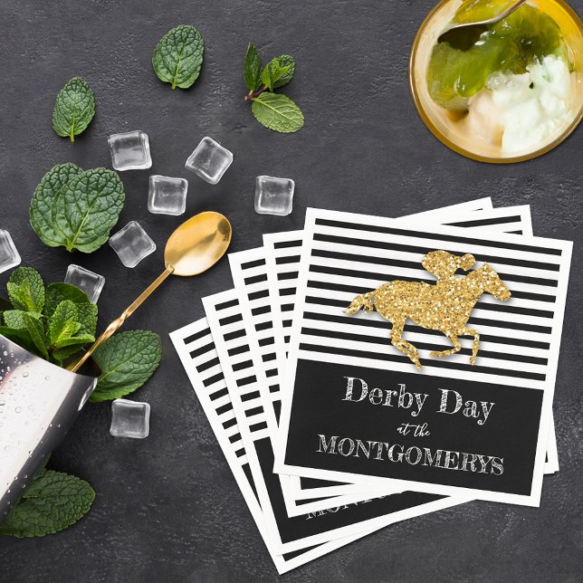 Derby Gold Racehorse Black and White Stripes Napkin (Derby gold racehorse on black and white stripes personalized napkins)