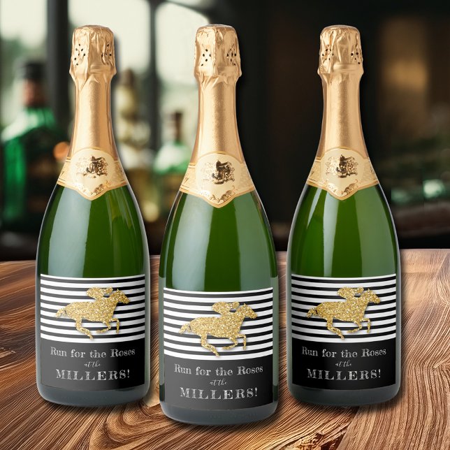 Derby Gold Racehorse on Black Stripes Sparkling Wine Label (Derby Gold Racehorse on Black and White Stripes Sparkling Wine Bottle Labels)