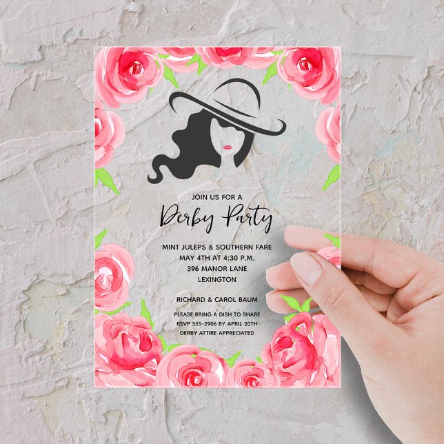 Derby Hat and Roses Derby Party Acrylic Invitations (Lady in her Derby hat with rose border on acrylic invitations - order clear or frosted)
