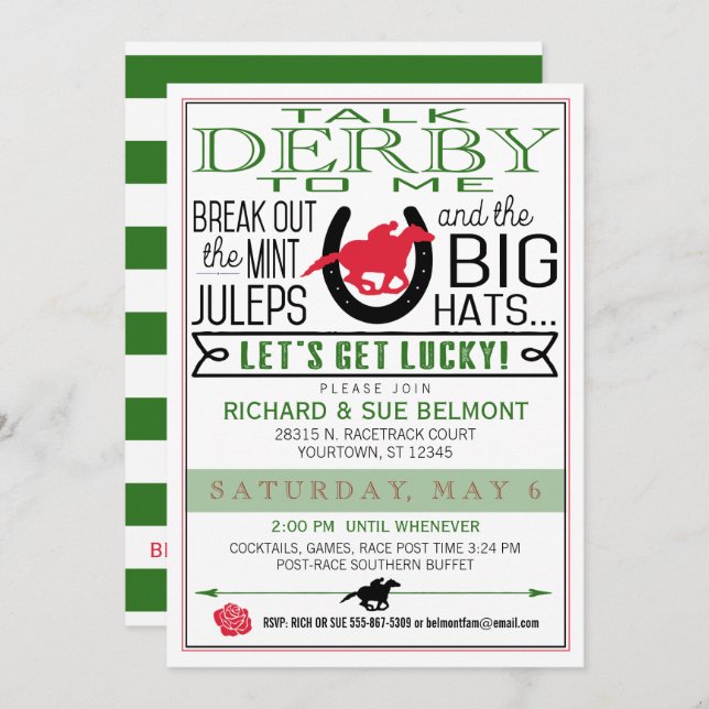 Derby Horse Racing Party Blk/Red/Dk Kelly Invitation (Front/Back)