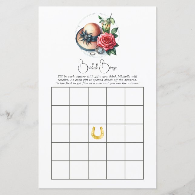 Derby-Inspired Bridal Shower Bingo Game (Front)